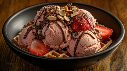 Waffle dessert with ice cream, strawberries, and chocolate