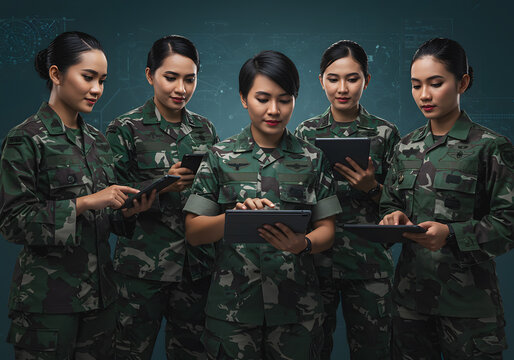 Female Military Team Using Digital Devices for Communication and Strategy - Powered by Adobe