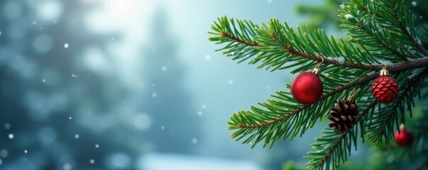 Evergreen tree branches with snowflakes and pinecones, winter, festive