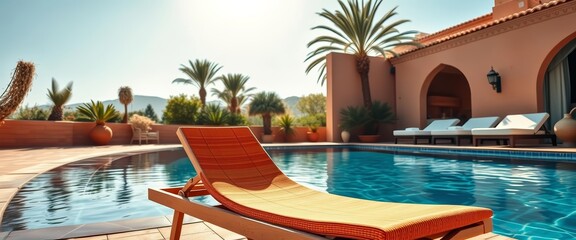 Obraz premium Sun lounger by private Moroccan pool, sun-drenched backyard, sun, oasis