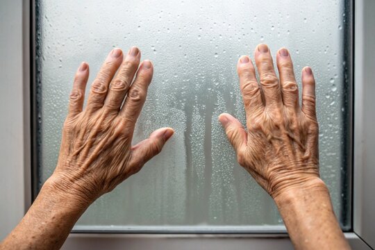 Close-Up of Aging Hands Wiping a Foggy Window – Capturing the Passage of Time