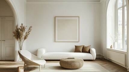 A serene, minimalist living room design with warm neutral tones.