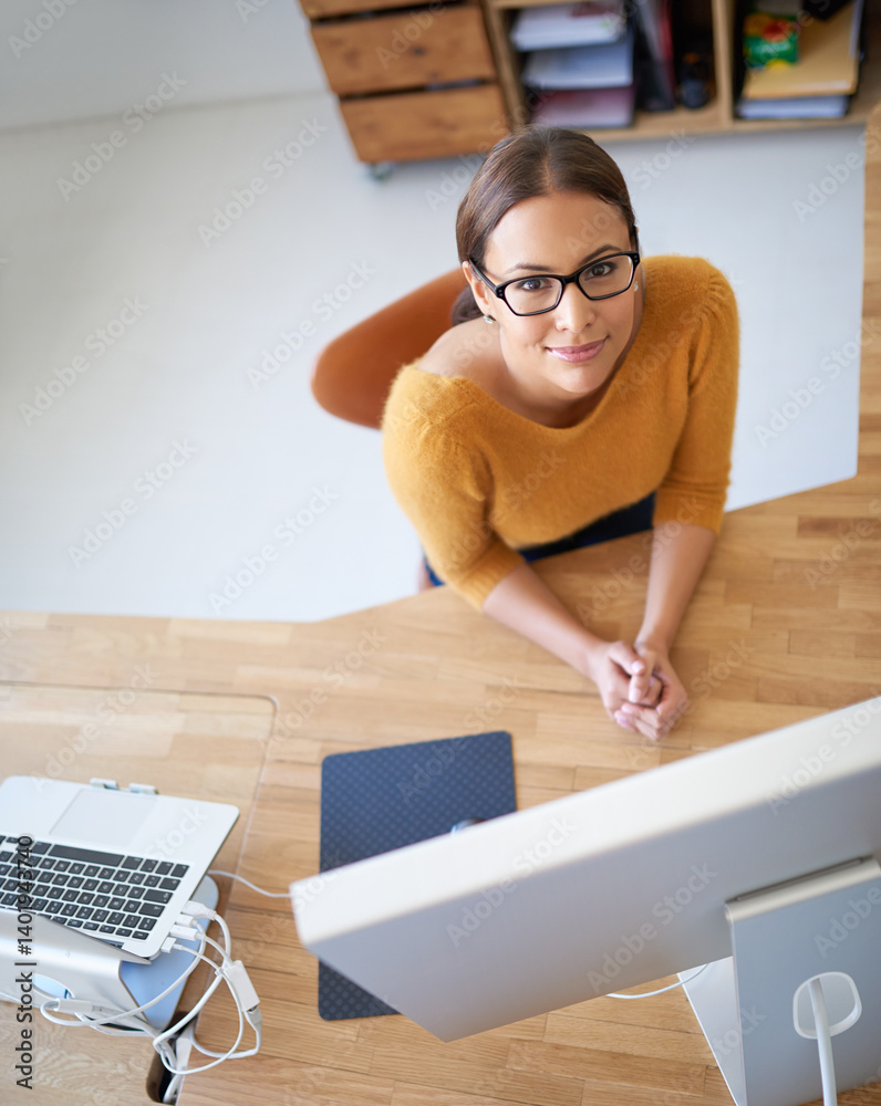 Fototapete Above, computer and woman in office with project in creative workplace for web developer or coding. Happy, person and development of company website, app or programmer at desktop for productivity