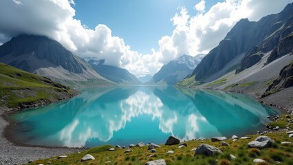 Fototapeta premium Remote turquoise mountain lake surrounded by steep cliffs and cloudy sky 