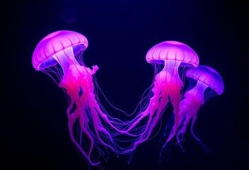 Fototapeta premium Three bioluminescent pink jellyfish with flowing tentacles drift in inky blackness, empty, glow