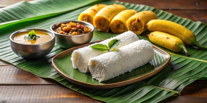 Steaming hot puttu made of rice flour and coconut served in a traditional South Indian setting with sliced banana on the side , kadala curry, steamed food