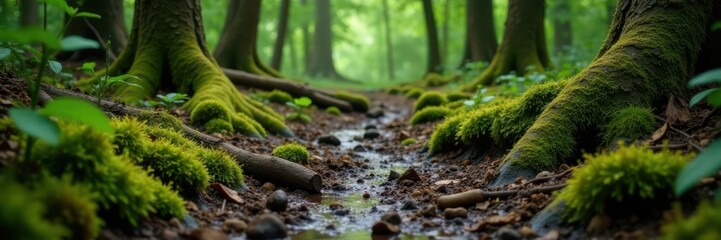 Fototapeta premium Muddy forest floor with moss and ferns, decayed tree trunks , moss, forest