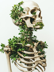 Close-up image showcasing a detailed human skeleton partially enveloped by vibrant green foliage. The skeleton is predominantly off-white, displaying intricate bone structures. The plants, with