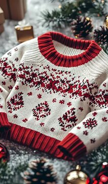A cozy knitted Christmas sweater with festive patterns, vibrant holiday colors, isolated background, 3D Blender style, middle shot, with space for text
