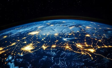 Obraz premium Earth from Space with Glowing City Lights and Global Network Connections, Symbolizing Global Connectivity