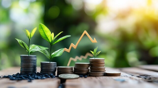 Financial decline impacting growth represented by plants and decreasing coins