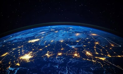 Obraz premium Earth from Space with Glowing City Lights and Global Network Connections, Symbolizing Global Connectivity