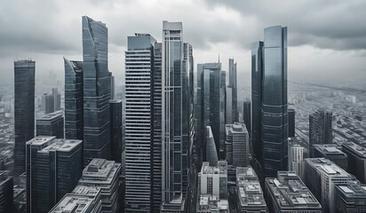 High-angle view of a modern city skyline. Dark, moody tones. Tall skyscrapers under a cloudy sky. Urban, architectural photography.