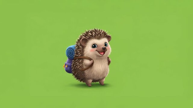 Cute Cartoon Hedgehog with Backpack on Green Background