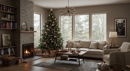 Fototapeta premium 暖炉の温かい光が輝く、穏やかなクリスマスリビング