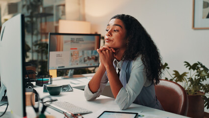 Business woman, thinking and night with computer for project deadline, tasks or agenda at office....