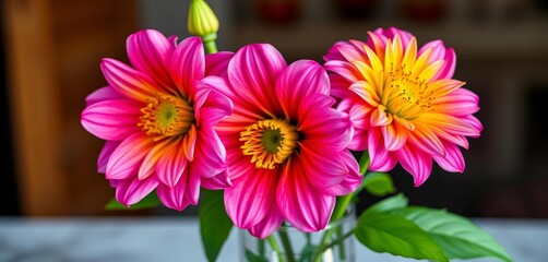 Obraz premium Two vibrant blooms in elegant vase, close-up view, petals, pastel