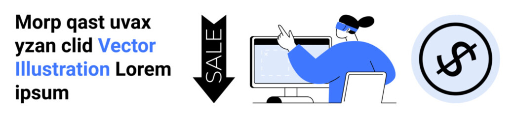 Woman interacts with desktop screen while a downward arrow indicates Sale and savings with a dollar icon. Ideal for e-commerce, online shopping, discounts, business, finance, marketing, retail
