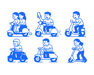 riding scooter doodle cartoon drawing vector illustration set with Varied Poses and Expressions
