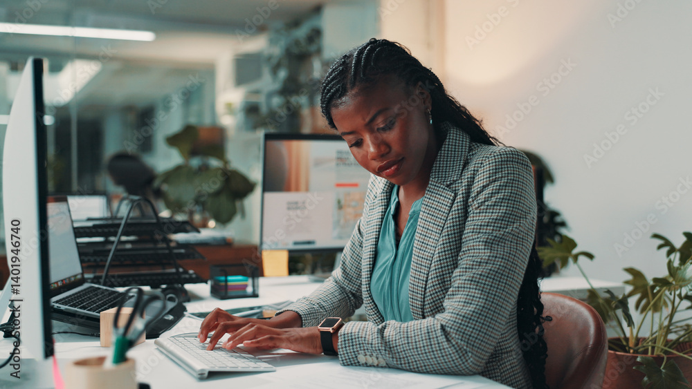 Poster Black woman, documents and typing by computer in office for project, admin and review for proposal. Person, paperwork and notes for research, planning or feedback for perspective at creative agency