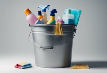 items cleaning isolated white bucket bottle equipment housework colours container chemical clean fluid glove atomizer domestic background blue liquid antiseptic household disinfect home chore closeup