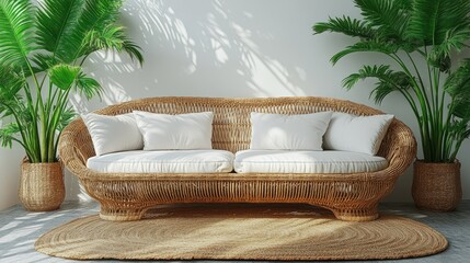 Cozy wicker sofa with white pillows, plants, and a rug in a sunlit room. Serene, inviting