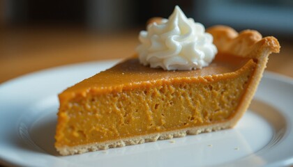 Delicious pumpkin pie slice kitchen food photography cozy setting close-up culinary delight