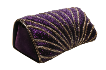 Elegant purple glitter clutch bag gold accents unique triangular design perfect evening accessory
