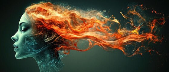 Profile of a woman with flowing fiery hair, blue energy emanating from her neck and head