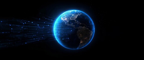 Fototapeta premium Abstract Blue Planet Earth with Glowing Lines on Dark Background Representing Global Network and Data Transfer Concept
