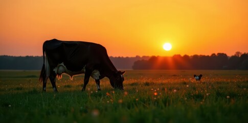 Silhouette of a cow grazing in a green field at sunset, rural landscape, countryside
