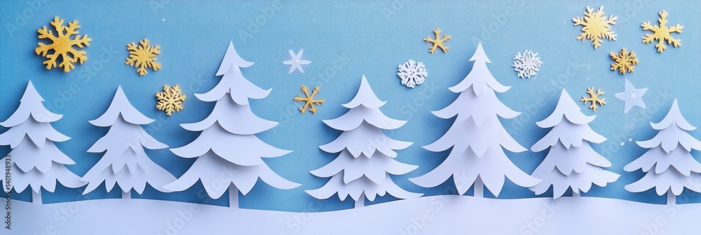 Poster decorative paper cutout trees adorned with golden stars and snowflakes create a festive winter ambia