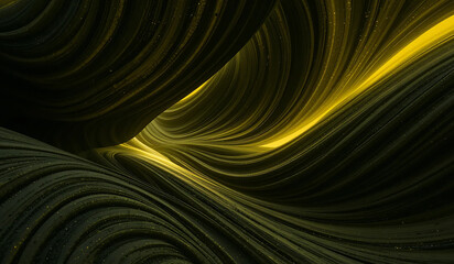 Abstract 3D rendering. Dark, swirling, organic forms. Gold highlights create depth and contrast. Perfect for backgrounds or futuristic designs.