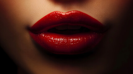 Fototapeta premium Red Lips: A close-up of a woman's lips with bold red lipstick, showcasing the captivating allure and sensuality of a woman's touch.