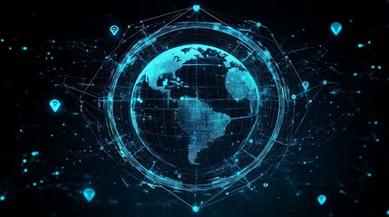 Digital Globe with Global Network and Shield Icon Representing Cybersecurity and Data Protection, Surrounded by Blue Light Particles on Dark Background