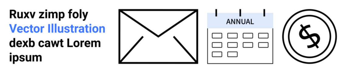 Open envelope, calendar marked Annual, and dollar sign in circular boundary. Ideal for email marketing, event planning, finance, communication, scheduling, productivity concepts abstract line flat