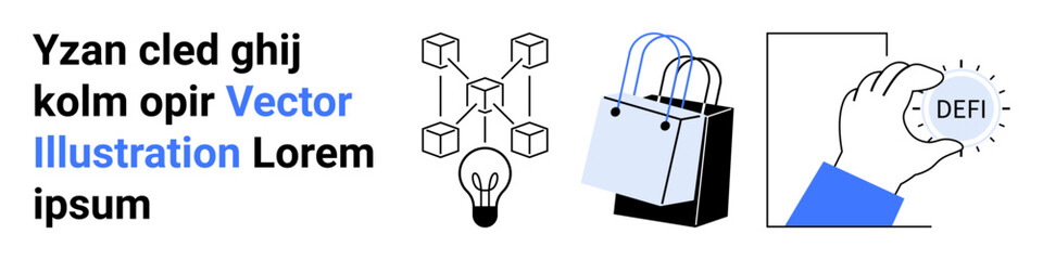 Blockchain network with interconnected cubes, lightbulb for innovation, shopping bags for e-commerce, and hand holding DeFi token. Ideal for fintech, blockchain, innovation, finance, technology