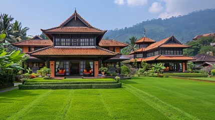 Obraz premium A traditional rice field in rural Asia, with lush greenery surrounding it. HD 8K wallpaper Photographic Image