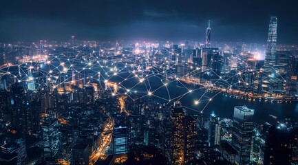 Fototapeta premium Wide Night Cityscape with Glowing Network Connections Representing Smart Urban Technology and Global Communication