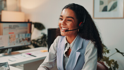 Customer support, happy and business woman on computer for virtual meeting, talking and interview....