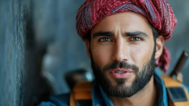 Man with Turban and Beard: Close-up portrait of a man with a dark beard, wearing a red and patterned turban. His intense gaze and serious expression create a captivating image.