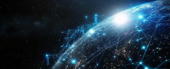 Obraz premium Digital Earth Illustration with Glowing Global Data Connections on Starry Space Background