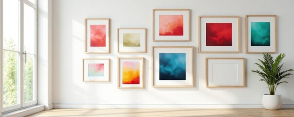 arrangement of frames in various sizes and styles on a white wall, color palette, interior, metal frames