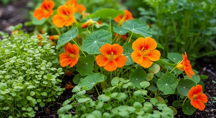 Vibrant Nasturtiums Blooming in a Summer Garden AI Generated
