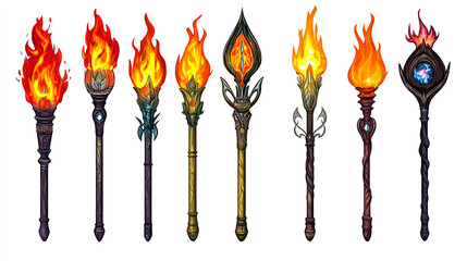 Set of fantasy torches with flames, white background,on each torch,in various sizes and styles,white background