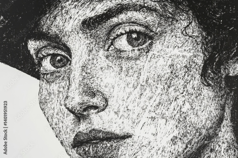 Poster engraved black and white portrait with vintage etching style showcasing a classic depiction of a per