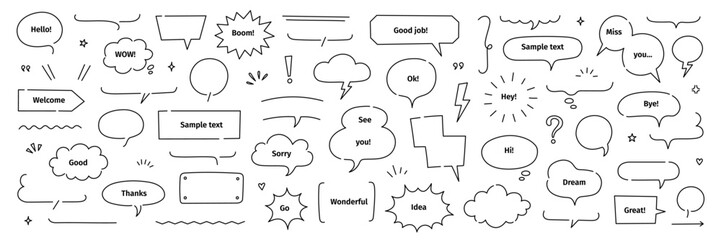 Line frame text speech bubble set. Line balloon frame design talk speech bubble frame. Comic japan style design conversation text dialog balloon, simple doodle thinking cloud. Vector illustration