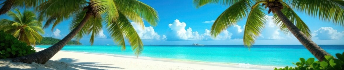 Obraz premium Palm trees sway gently on sandy shore with turquoise ocean waters and coral reef in the background , beach life, ocean scenery