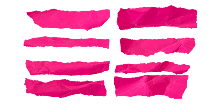 Collection of vibrant pink torn paper pieces, perfect for design projects.  Add a pop of color!