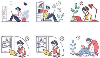 Obraz premium Flat Illustration of Online Classes and Students Engaged in Reading and Learning.